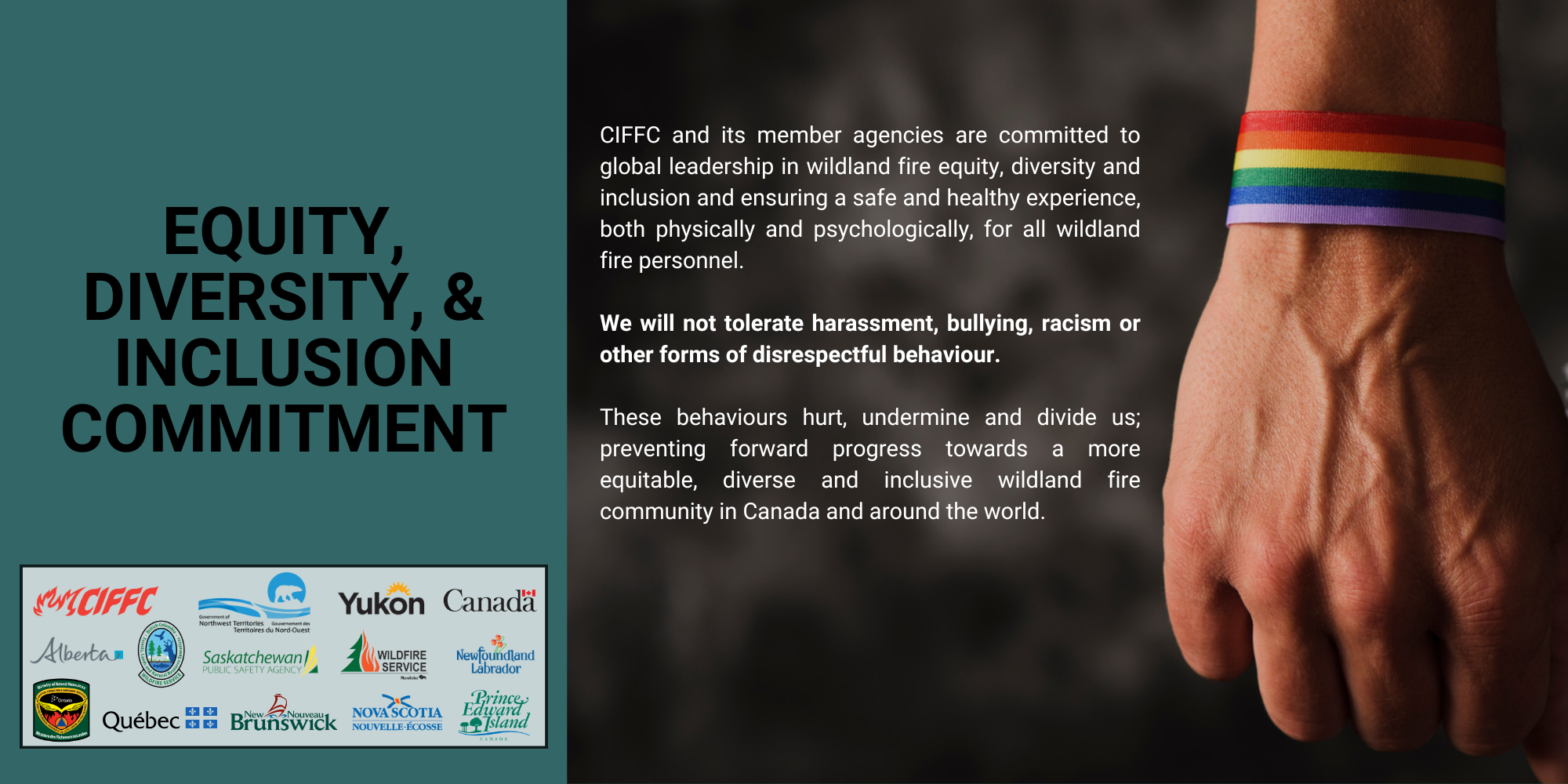 ENG EDI Statement (2000 x 1000 px) (1) Equity, diversity, & inclusion commitment<br />
CIFFC and its member agencies are committed to global leadership in wildland fire equity, diversity and inclusion and ensuring a safe and healthy experience, both physically and psychologically, for all wildland fire personnel.</p>
<p>We will not tolerate harassment, bullying, racism or other forms of disrespectful behaviour.<br />
These behaviours hurt, undermine and divide us; preventing forward progress towards a more equitable, diverse and inclusive wildland fire community in Canada and around the world.